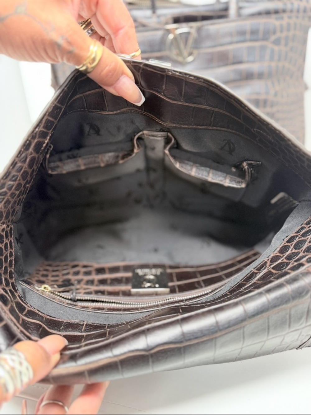 Vince Camuto Dark Brown Croc-Embossed Leather Tote with Matching Pouch - Picture 8 of 10